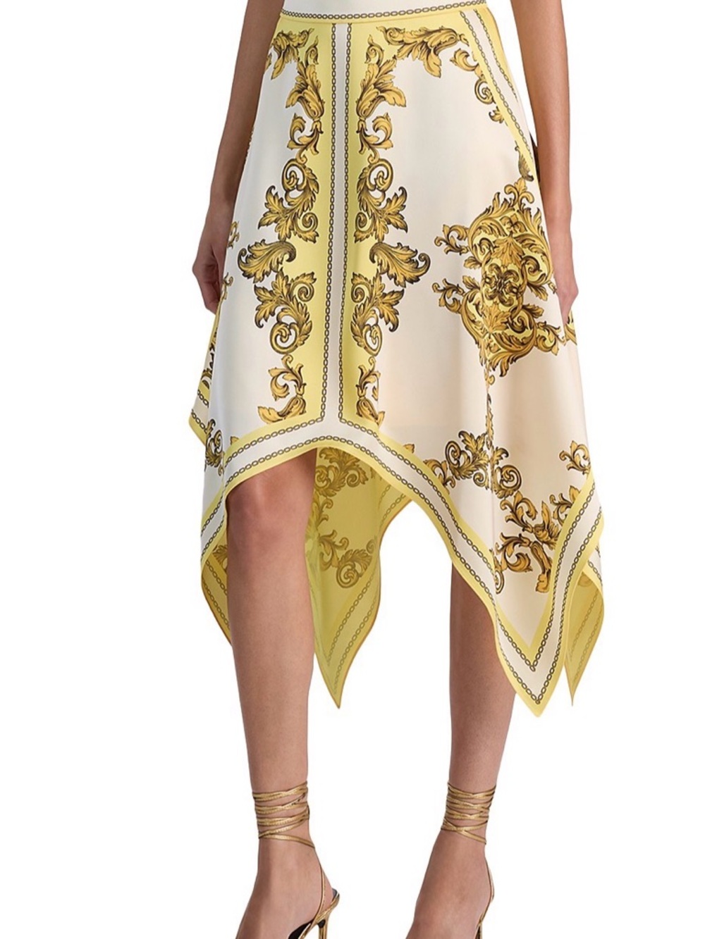 Alice + Olivia Yellow and Cream Baroque Handkerchief-Hem Skirt